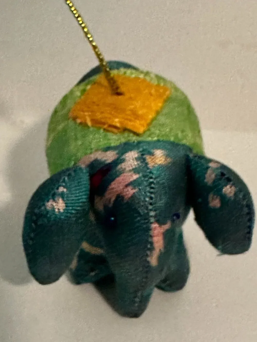 Mini Fabric Elephant Hanging Ornament Green Floral Gold Cord